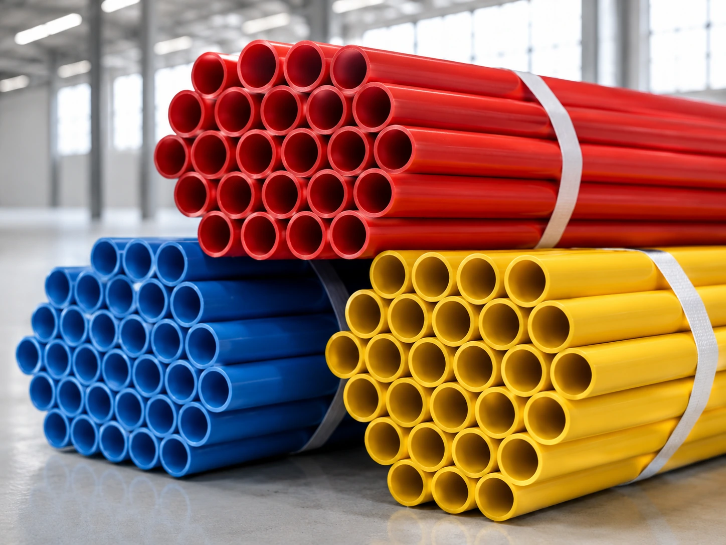 Red blue and yellow electrical PVC conduit pipe bundles tied with white industrial strapping bands
