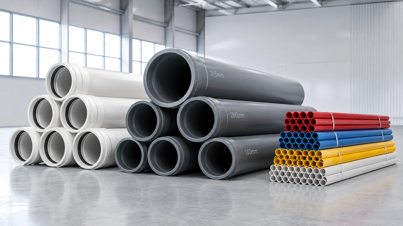Bulk PVC-U drainage, gray municipal, and electrical conduit pipes stacked in a clean industrial warehouse