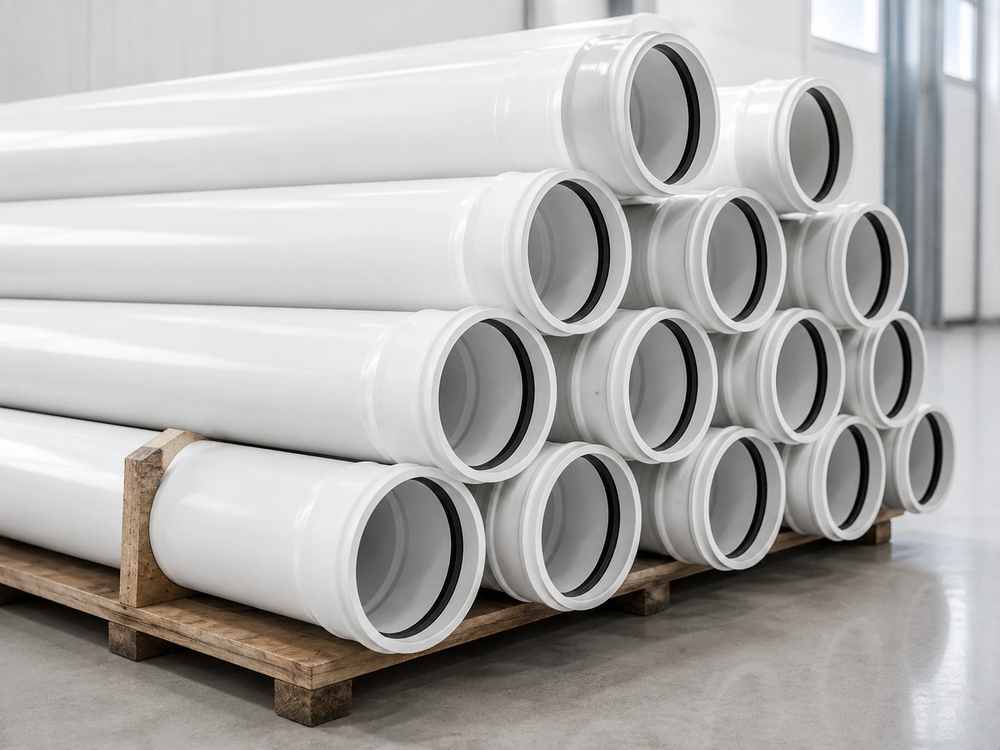 Side view of white PVC-U drainage pipe stack for bulk supply